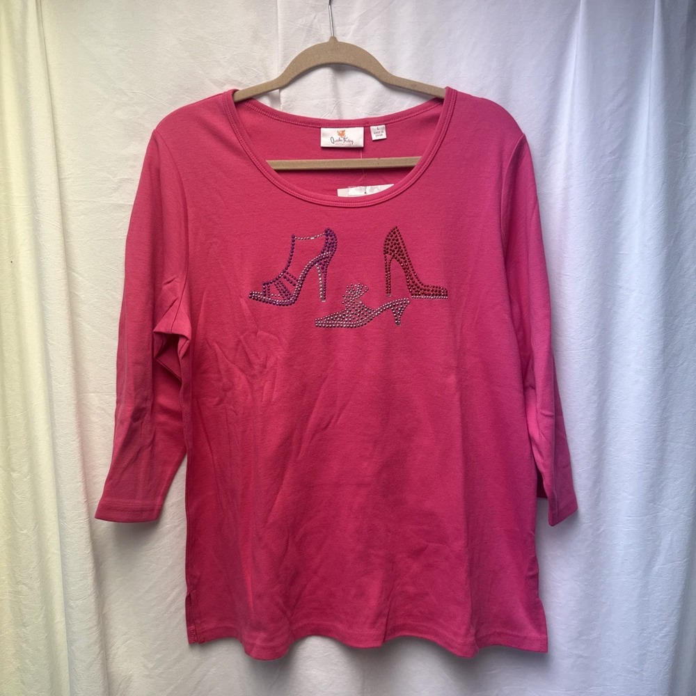 Quaker Factory Shirt Women's Pink‎ Embellished Shoes Top 3/4 Sleeve L NWT